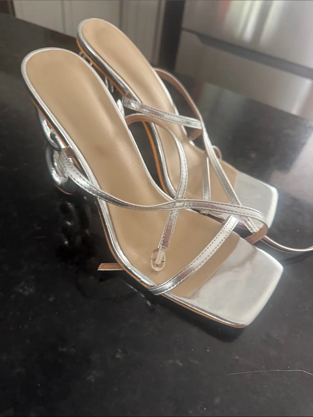 Silver Sculptural-Strap Heeled Sandals